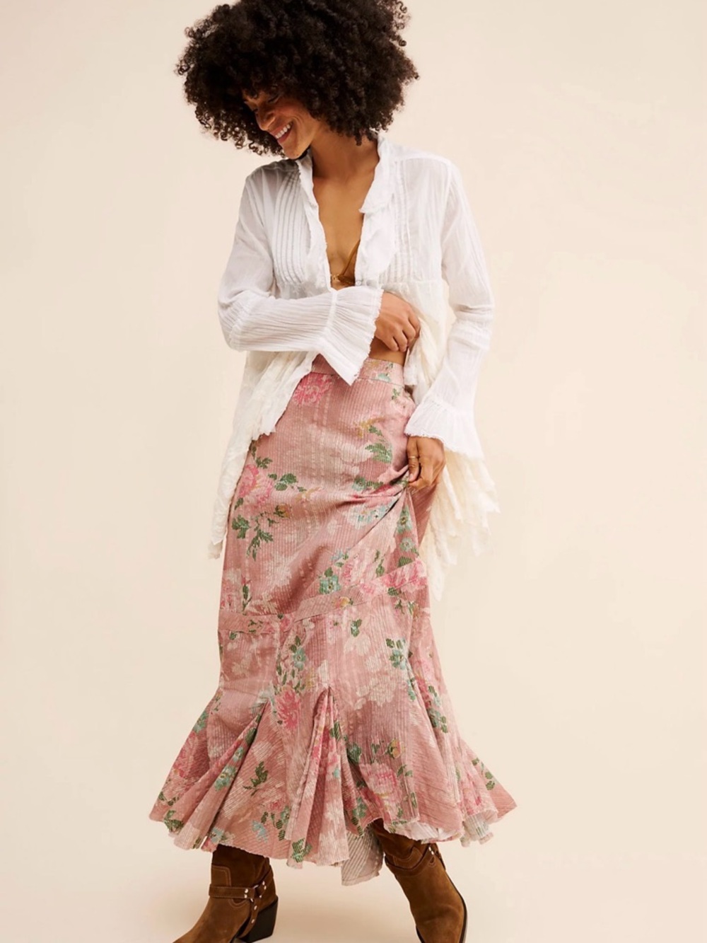 Free People Bordeaux Printed Maxi Skirt Pink Floral Midi Mermaid Skirt